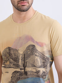 Men T-Shirt Beige Slim Fit