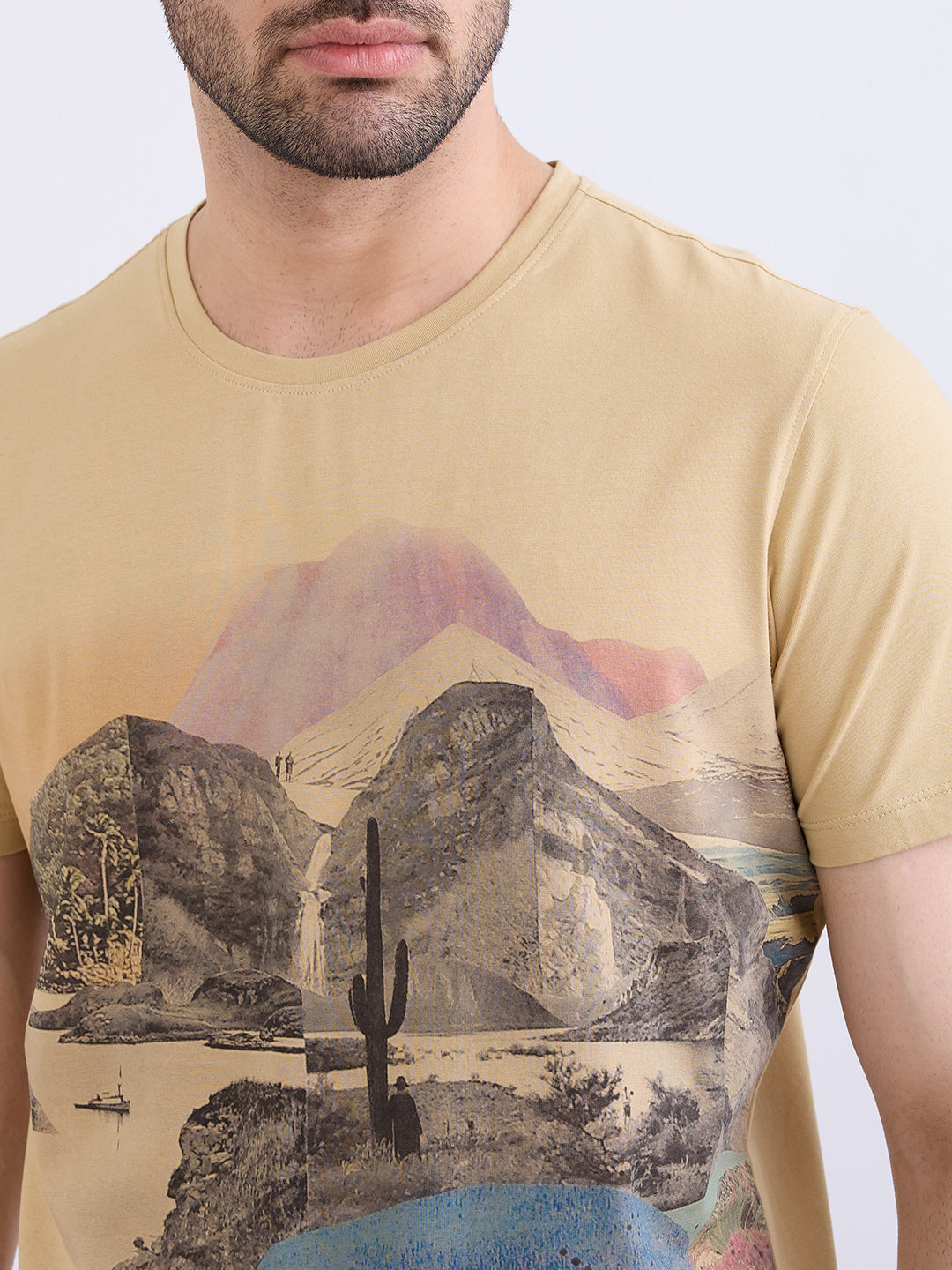 Men T-Shirt Beige Slim Fit