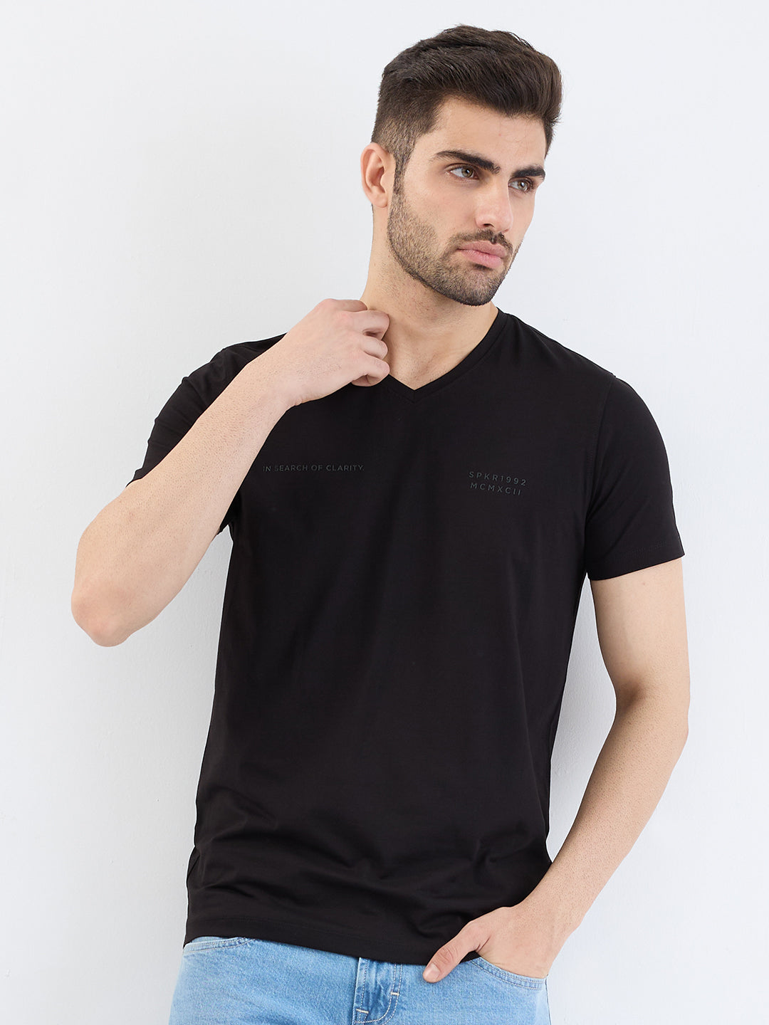 Spykar Black Slim Fit Casual T-Shirt For Men