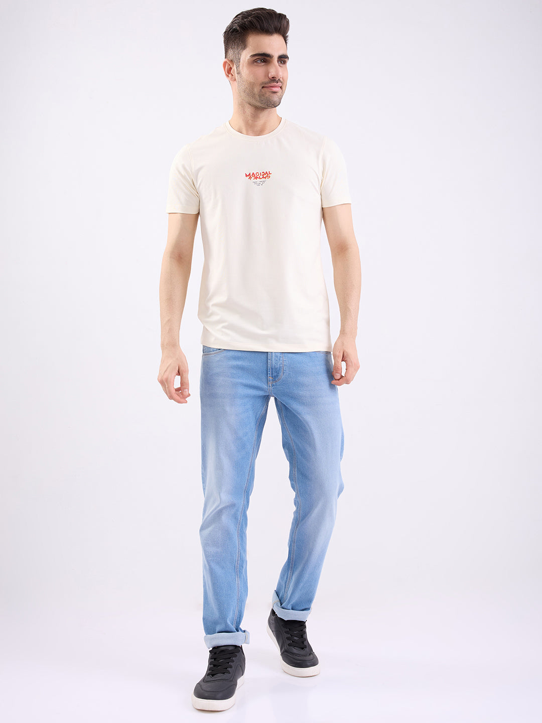 Spykar Off White Slim Fit Casual T-Shirt For Men