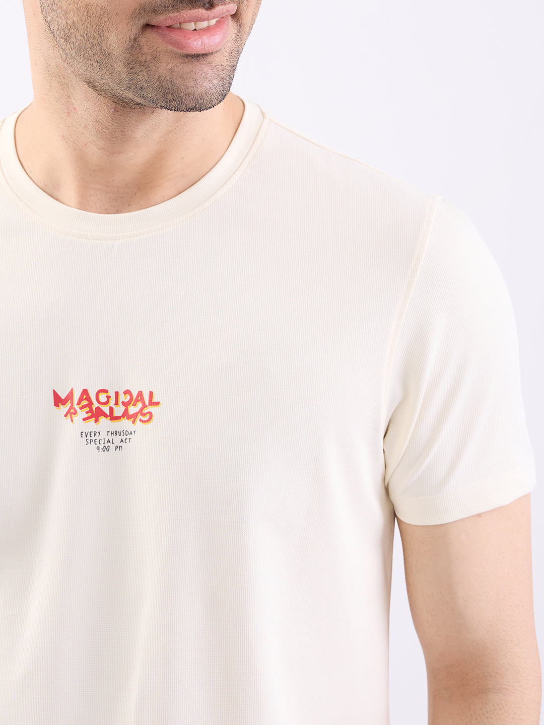 Spykar Off White Slim Fit Casual T-Shirt For Men