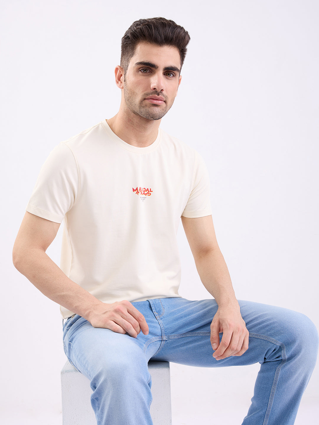 Spykar Off White Slim Fit Casual T-Shirt For Men