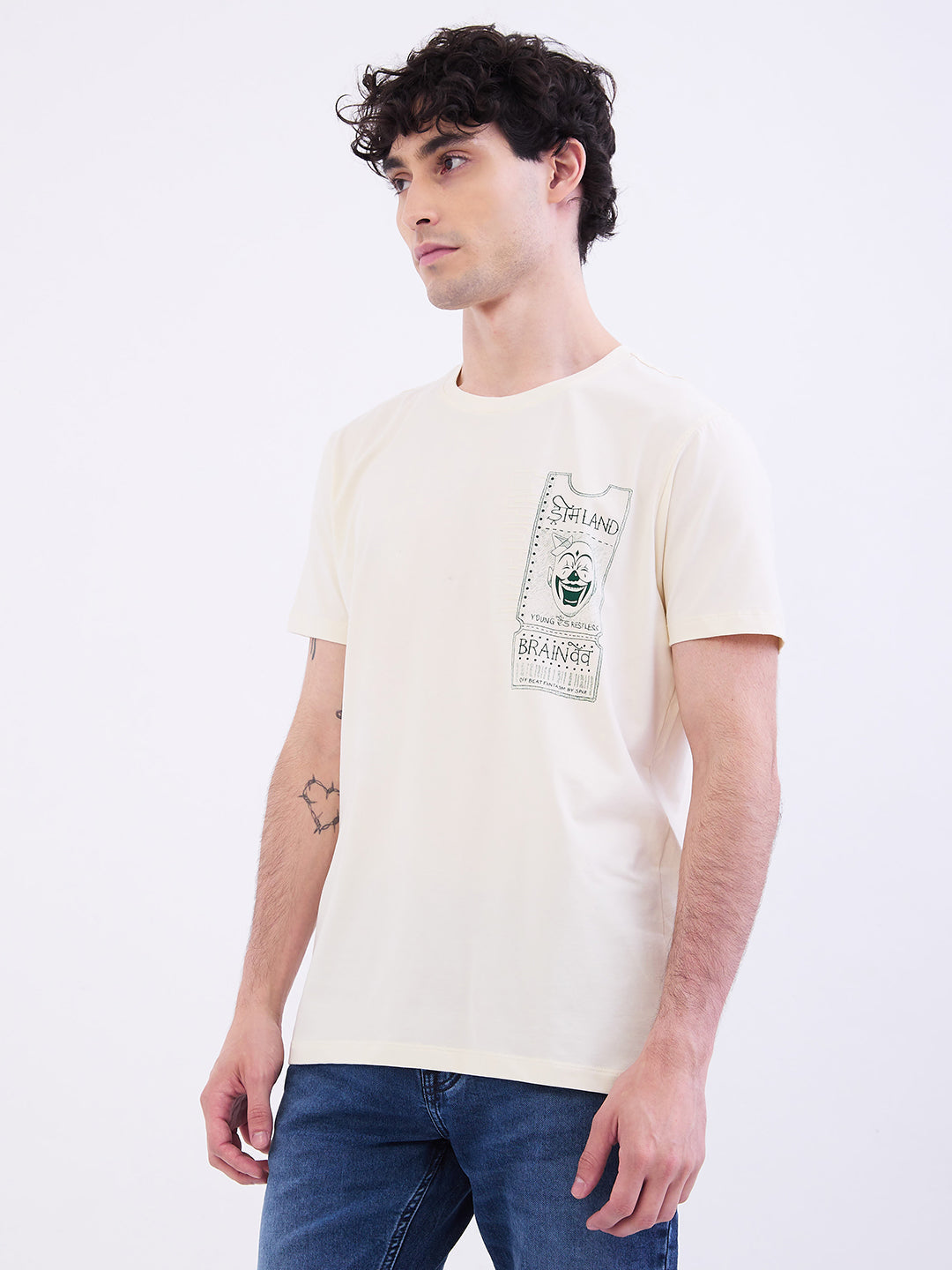 Spykar Off White Slim Fit Casual T-Shirt For Men