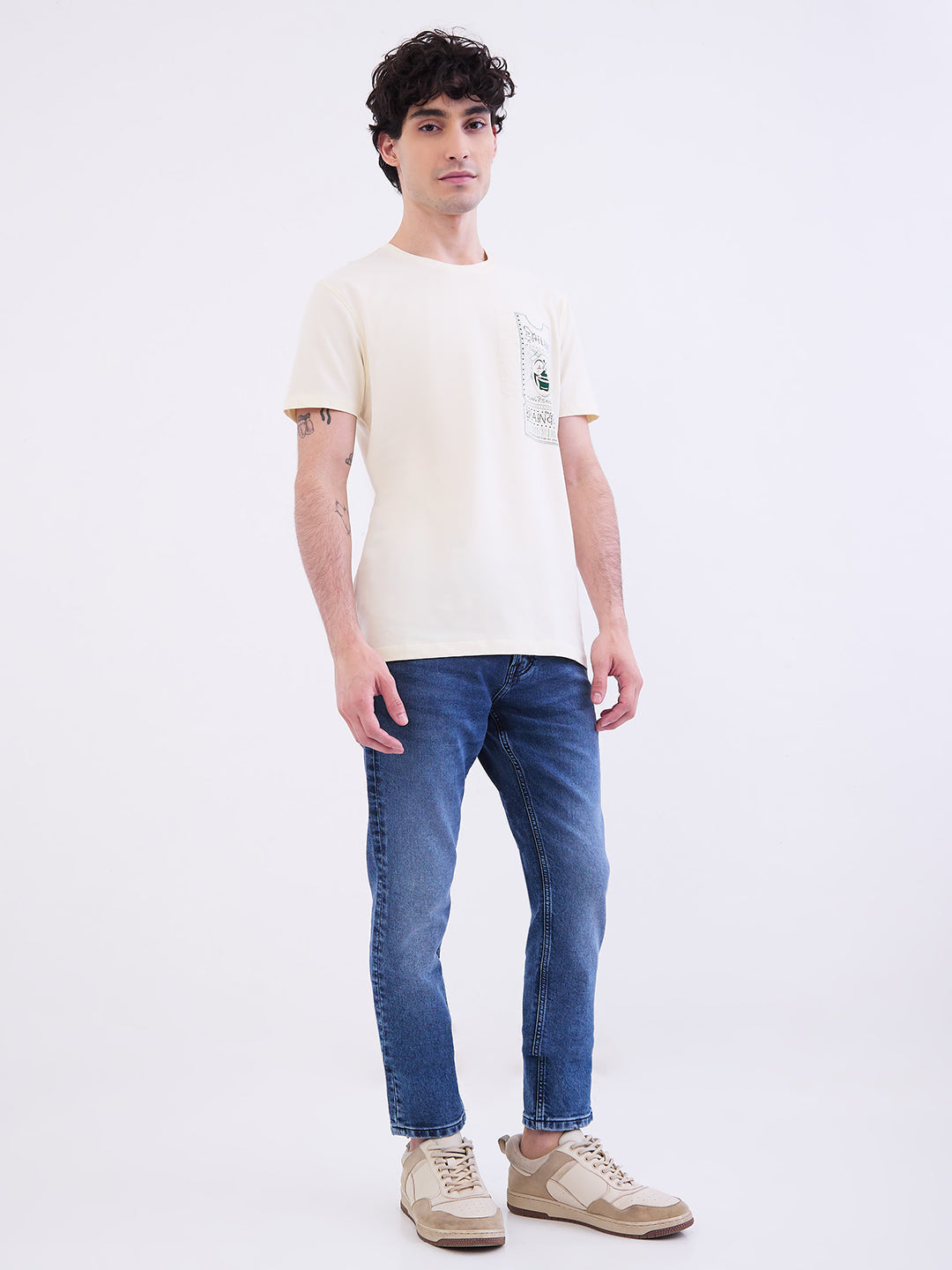 Spykar Off White Slim Fit Casual T-Shirt For Men