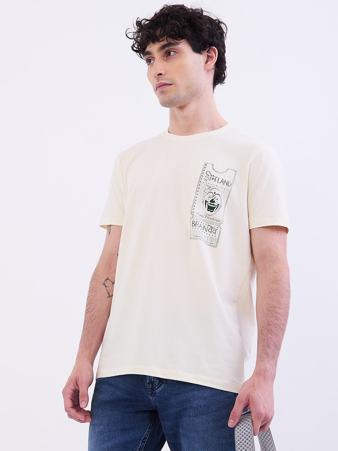 Spykar Off White Slim Fit Casual T-Shirt For Men