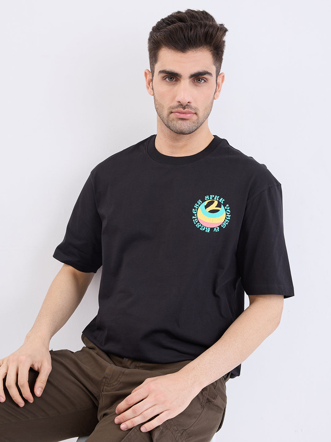 Spykar Black Comfort Fit Casual T-Shirt For Men