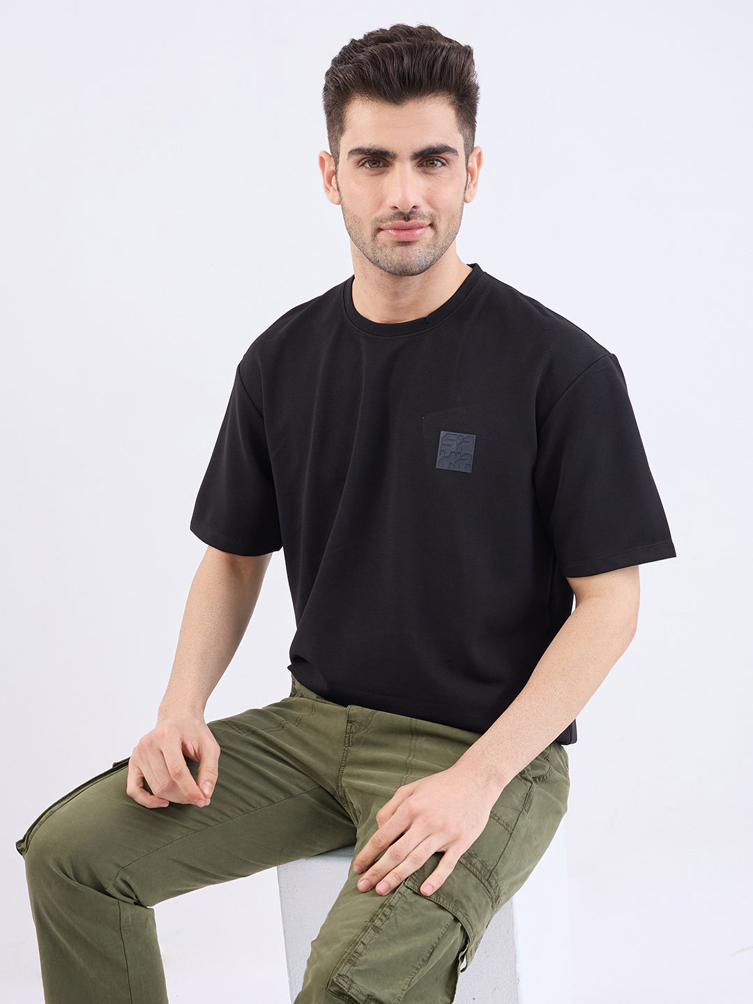 Spykar Black Oversize Fit Casual T-Shirt For Men