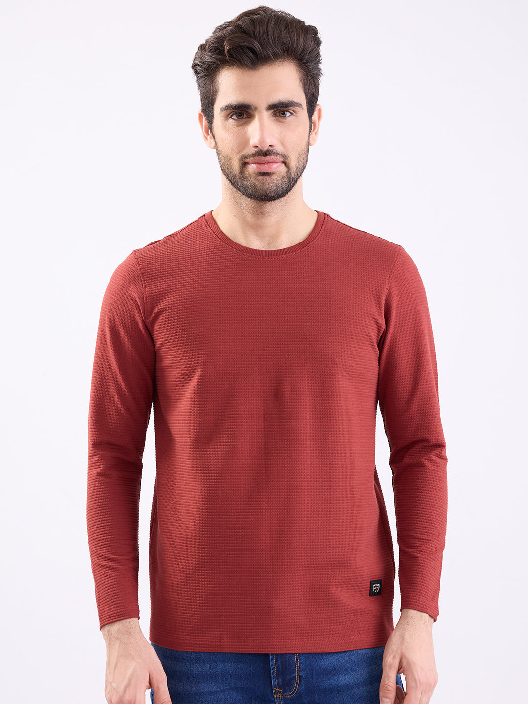 Spykar Brick Red Slim Fit Casual T-Shirt For Men