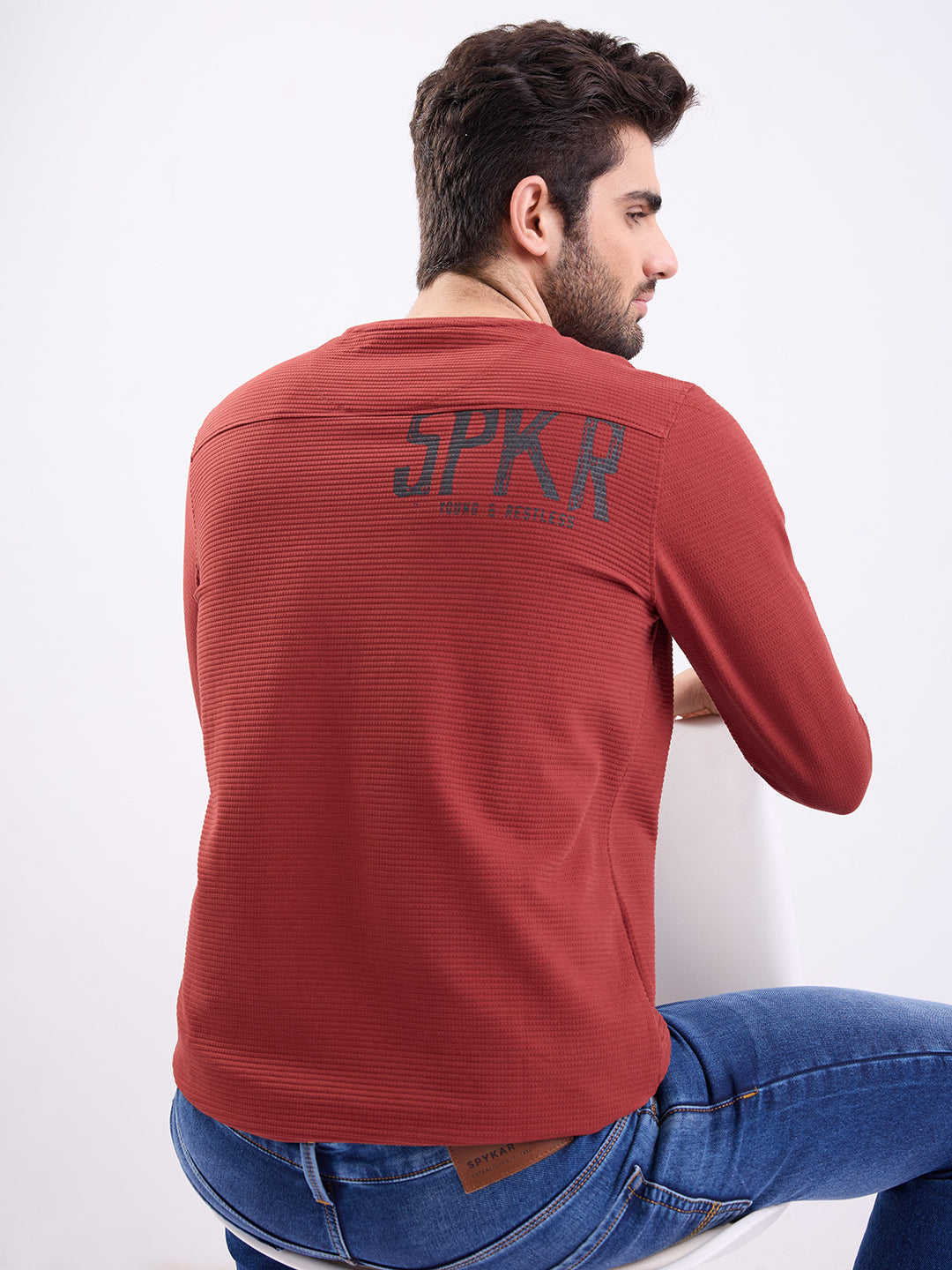 Spykar Brick Red Slim Fit Casual T-Shirt For Men