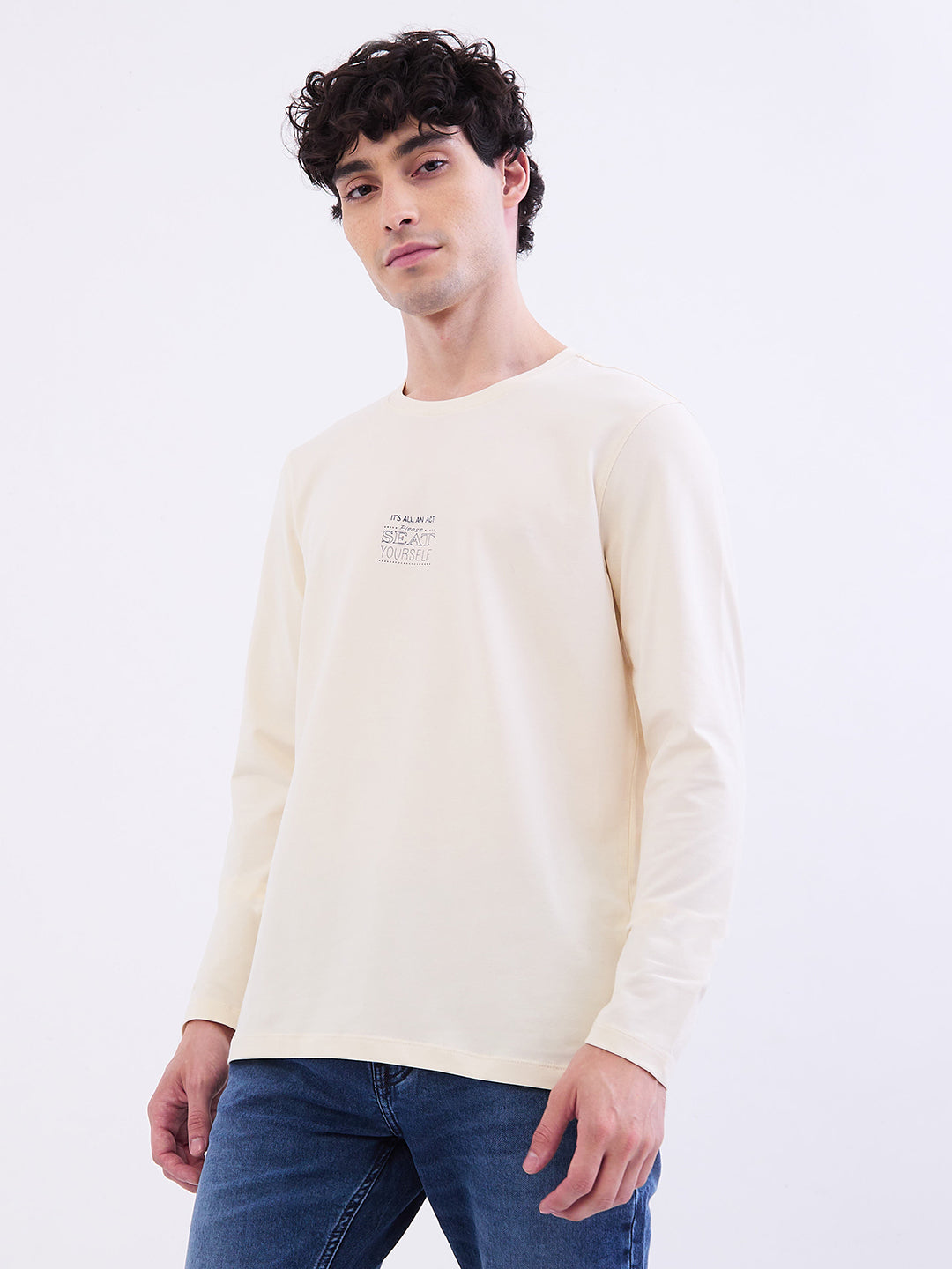 Spykar Off White Slim Fit Casual T-Shirt For Men