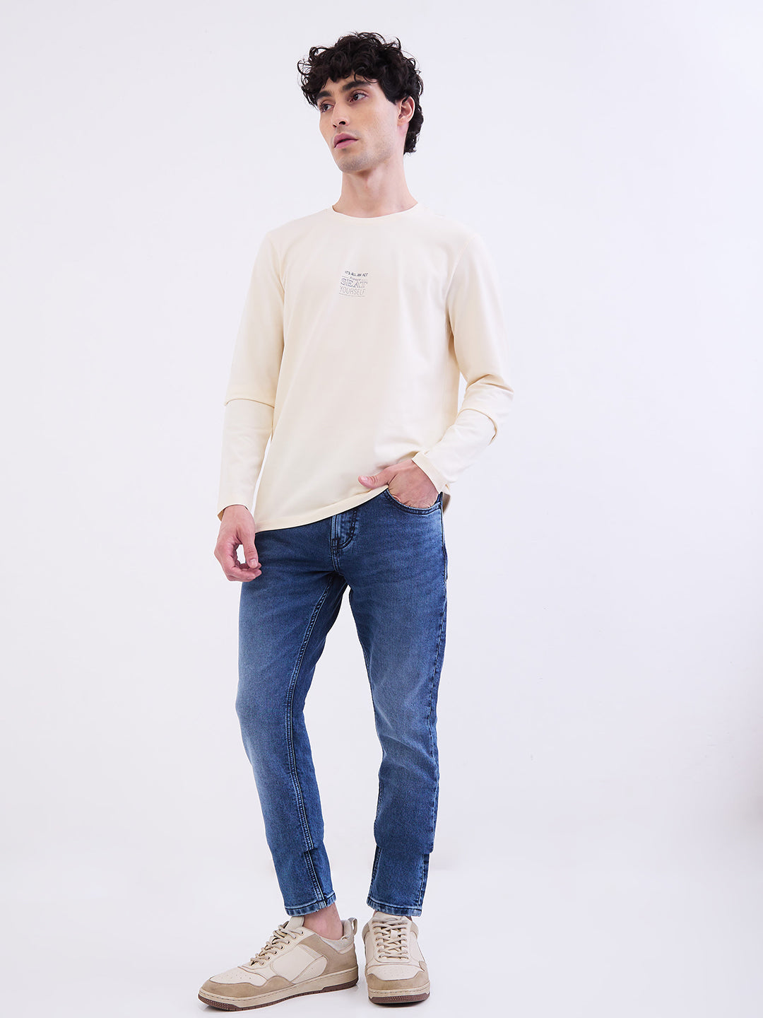 Spykar Off White Slim Fit Casual T-Shirt For Men