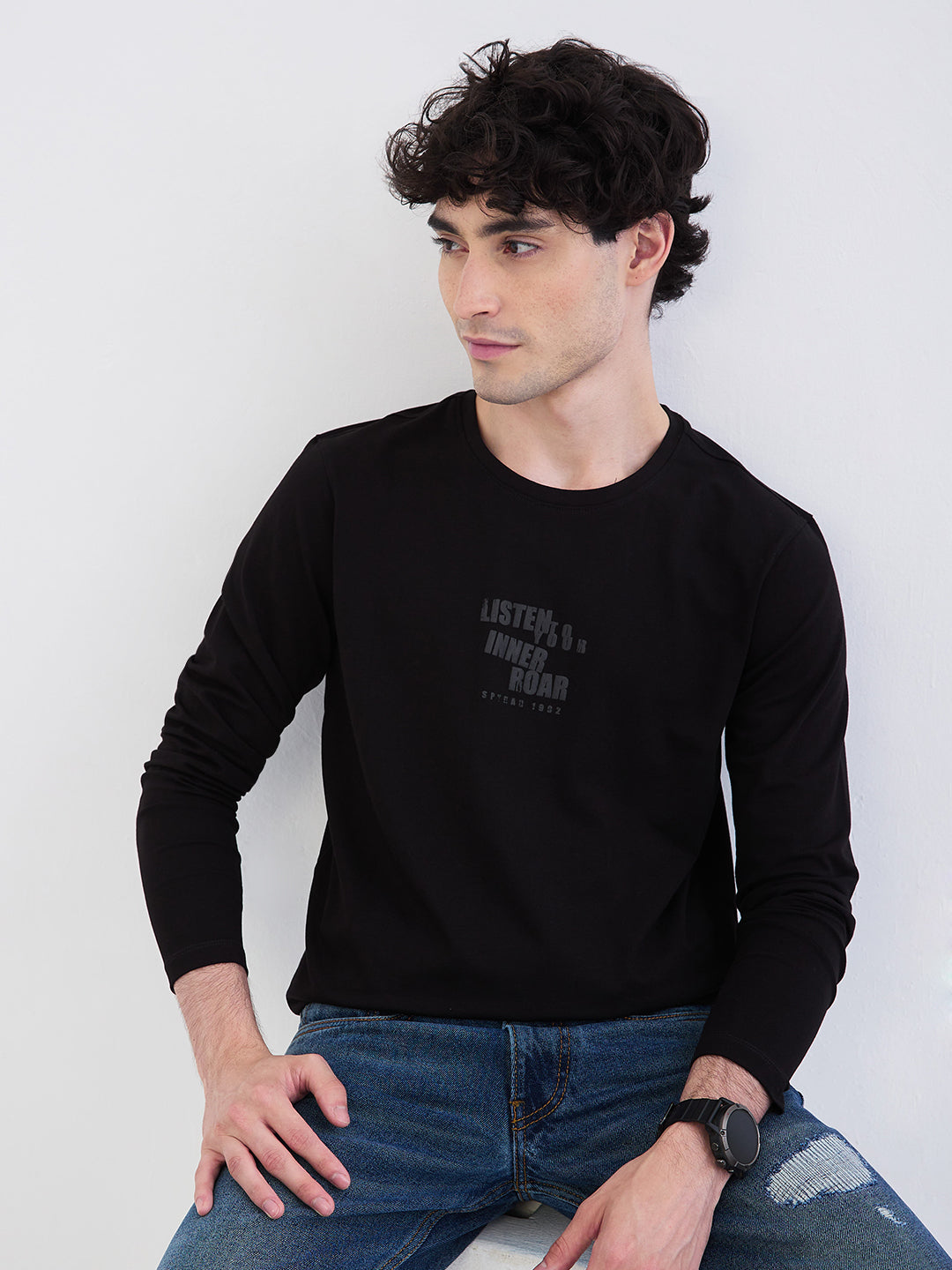 Spykar Black Slim Fit Casual T-Shirt For Men