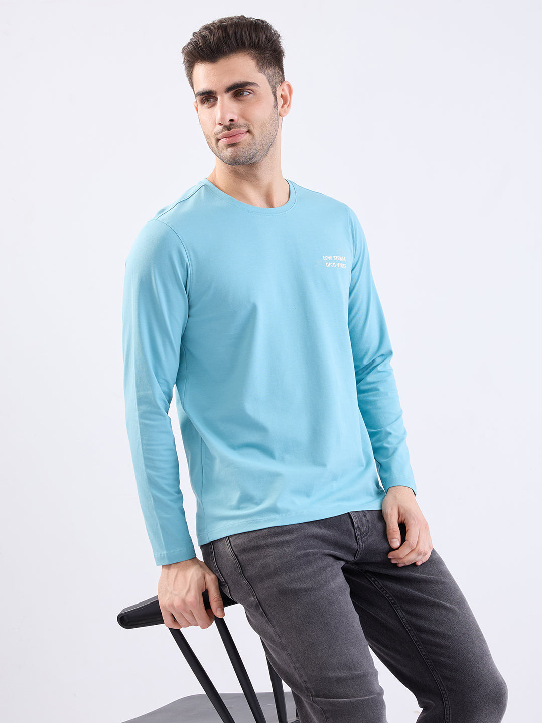Spykar Cameo Blue Slim Fit Casual T-Shirt For Men
