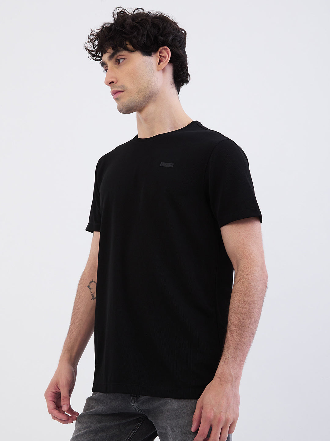 Spykar Black Slim Fit Casual T-Shirt For Men