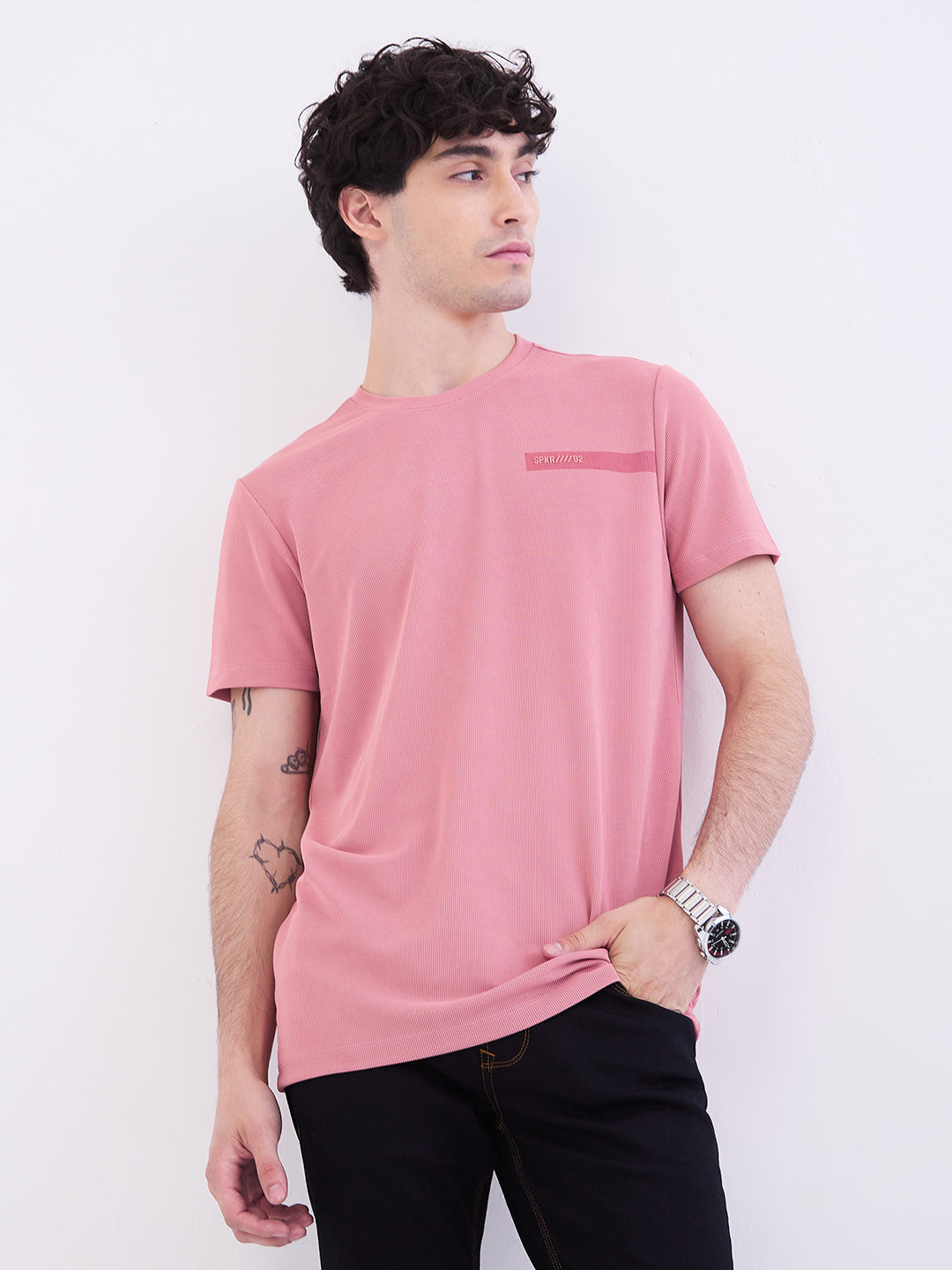 Spykar Tropical Pink Slim Fit Casual T-Shirt For Men