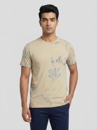 Men T-Shirt PRINT Beige Regular Fit