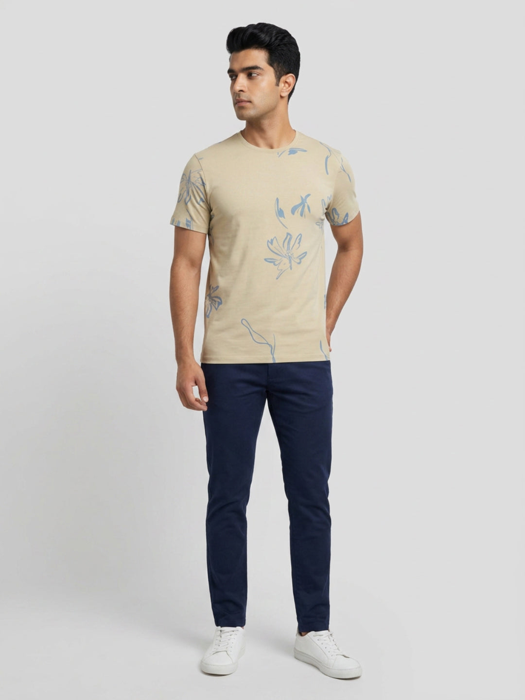 Men T-Shirt PRINT Beige Regular Fit