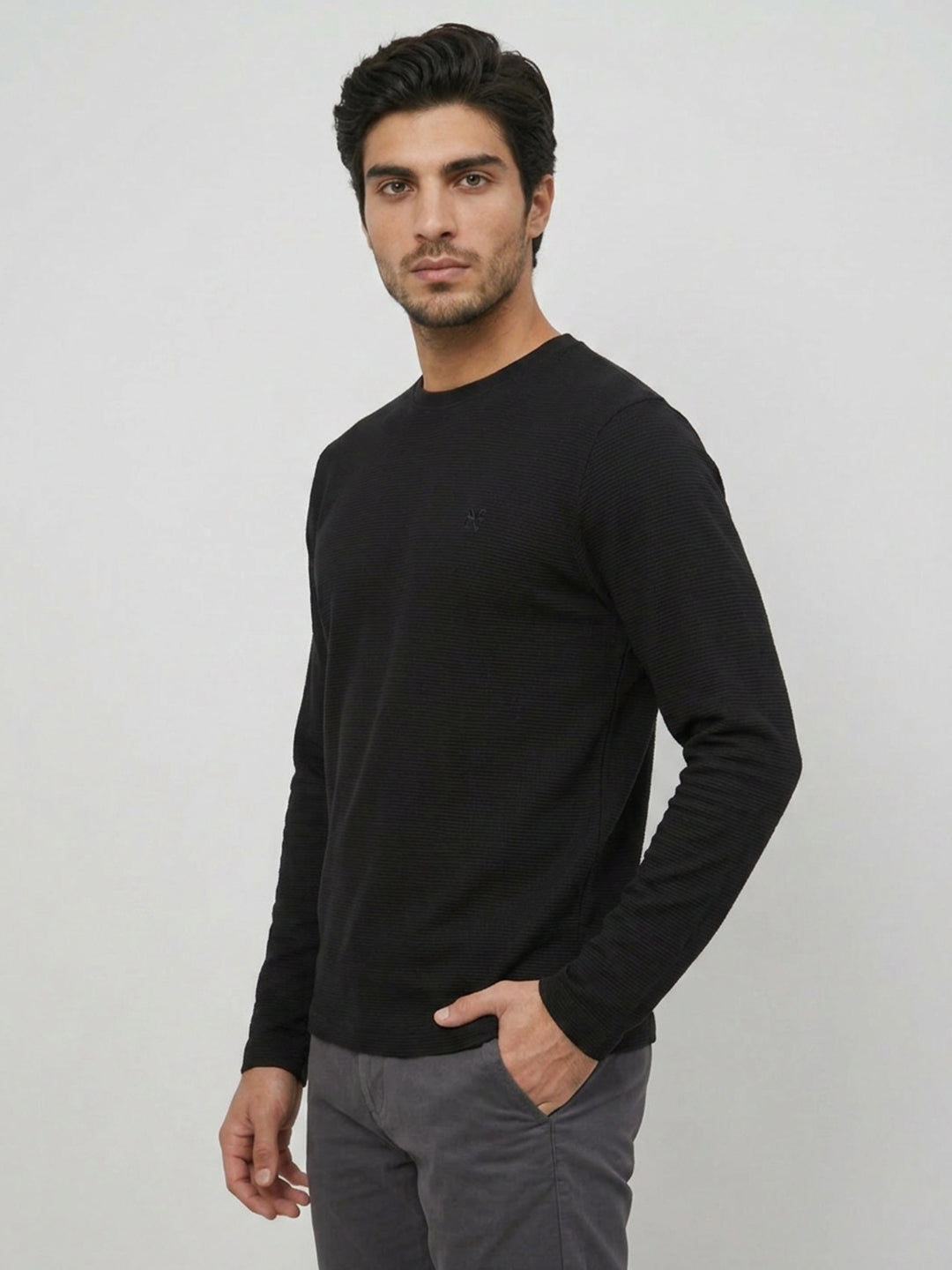 Men T-Shirt Textured Black Regular Fit
