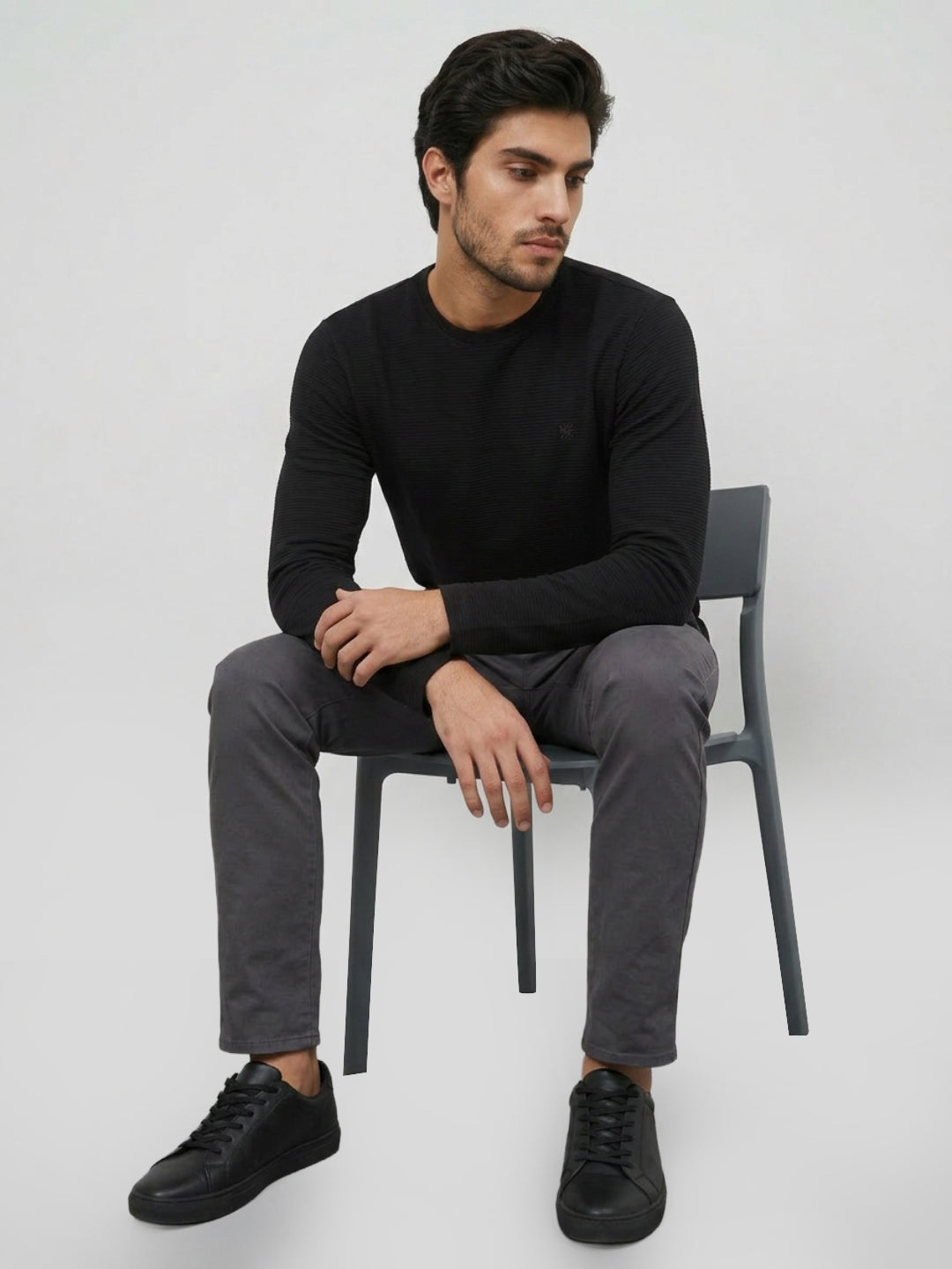 Men T-Shirt Textured Black Regular Fit