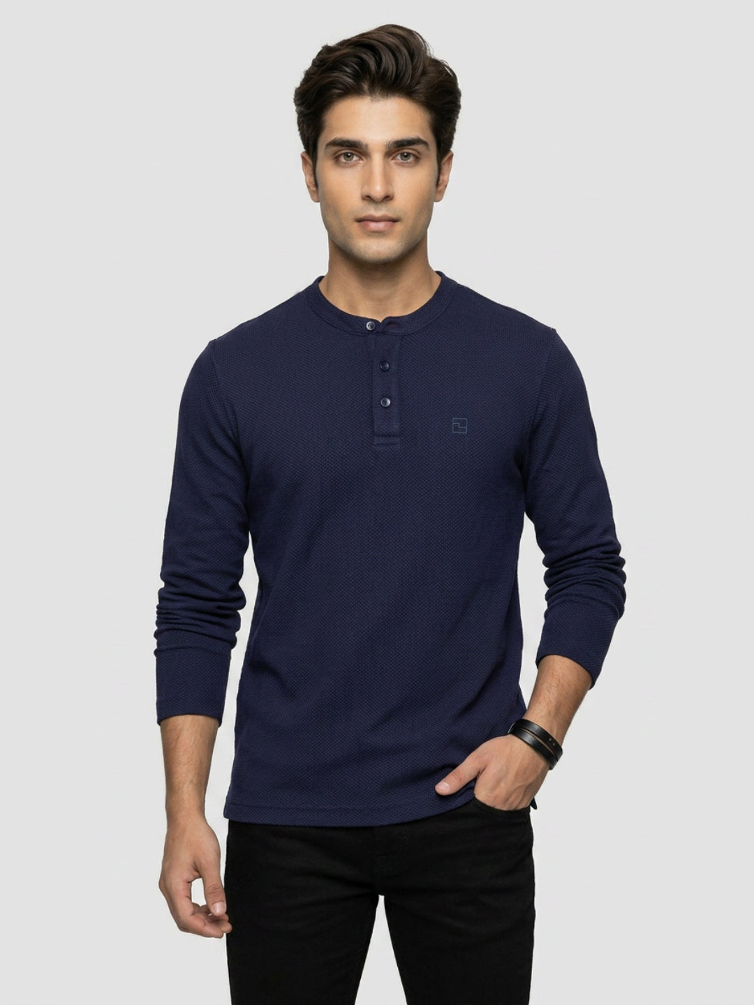 Men T-Shirt Textured Navy Blue Regular Fit