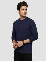 Men T-Shirt Textured Navy Blue Regular Fit