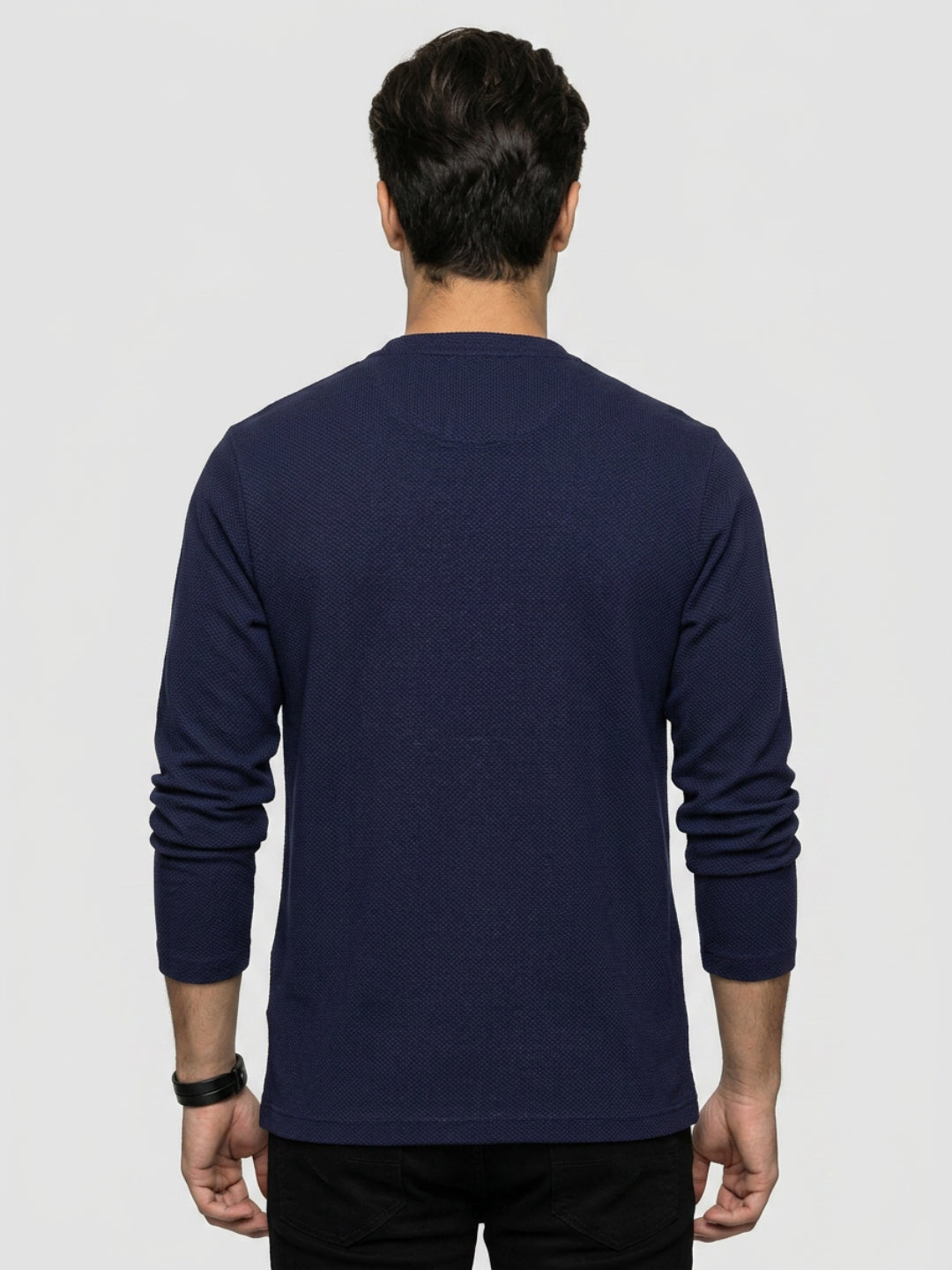Men T-Shirt Textured Navy Blue Regular Fit