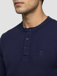 Men T-Shirt Textured Navy Blue Regular Fit