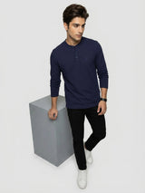 Men T-Shirt Textured Navy Blue Regular Fit