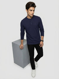 Men T-Shirt Textured Navy Blue Regular Fit