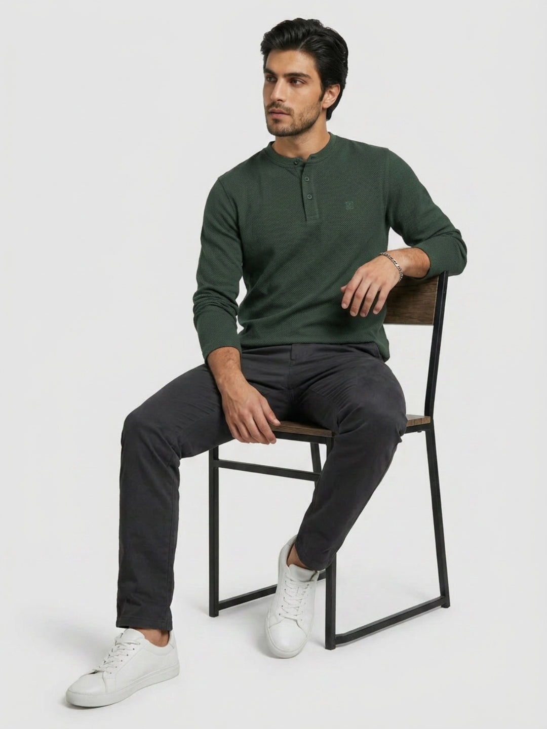 Men T-Shirt Textured Green Regular Fit