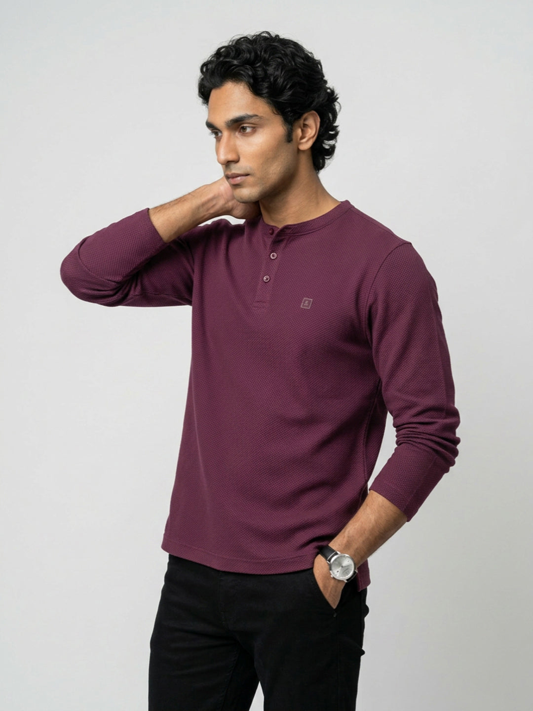 Men T-Shirt Textured Maroon Regular Fit
