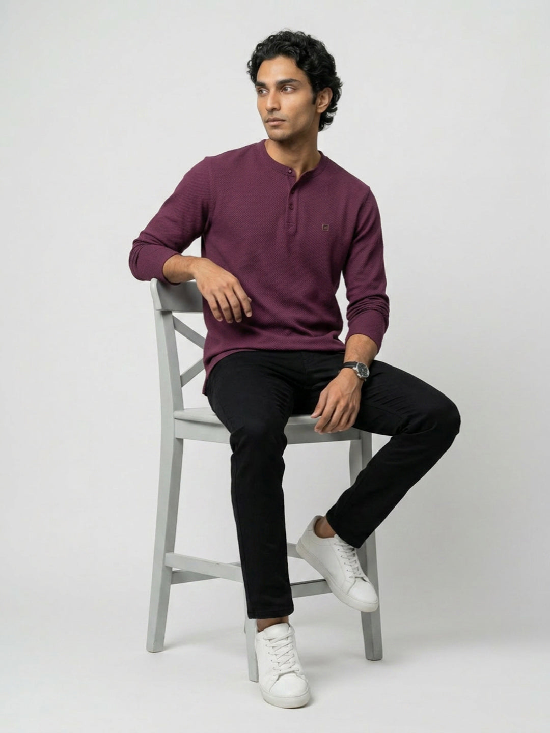 Men T-Shirt Textured Maroon Regular Fit