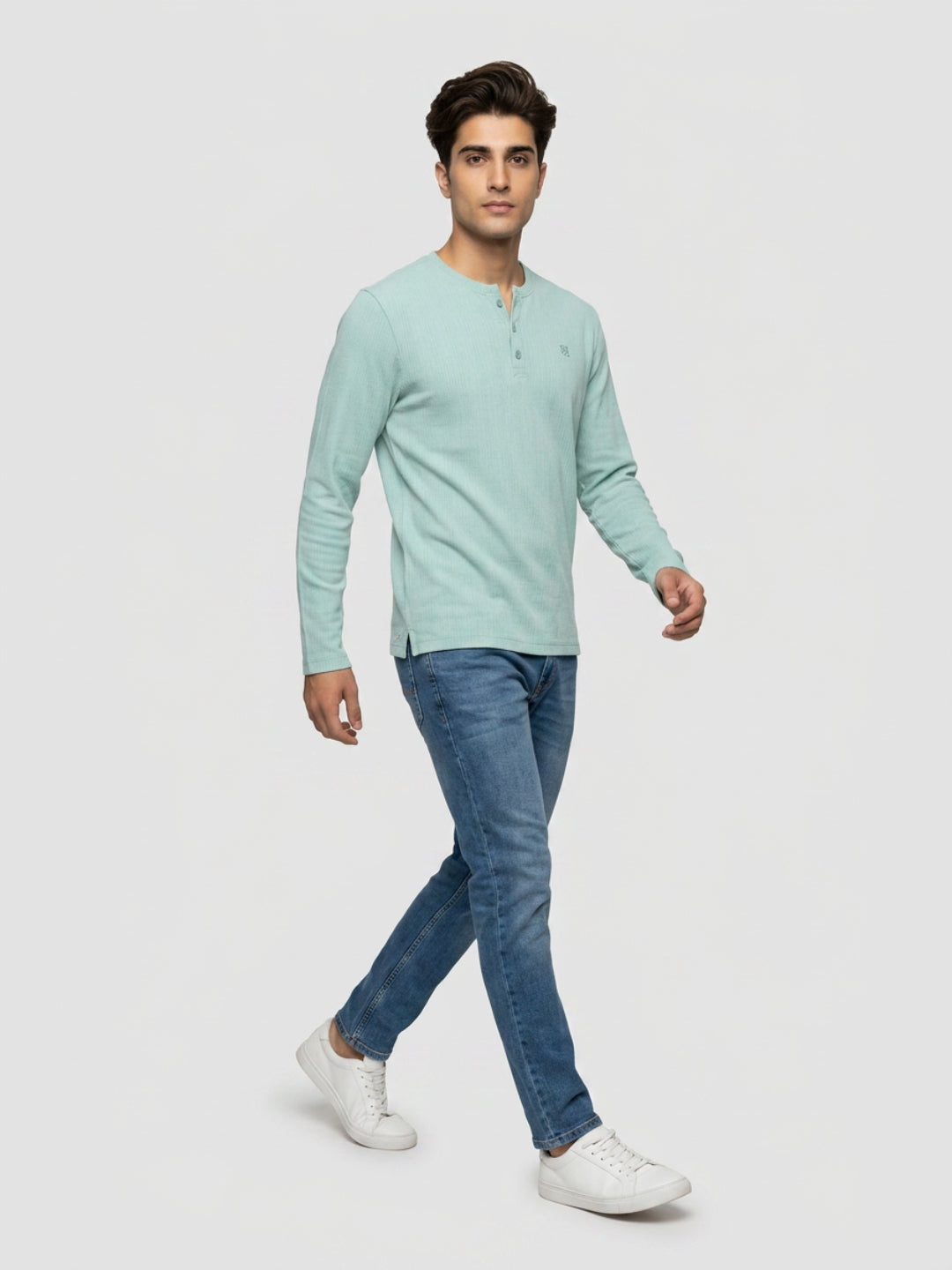 Men T-Shirt Textured Green Regular Fit