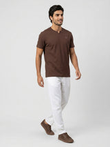 Men T-Shirt Textured Brown Regular Fit