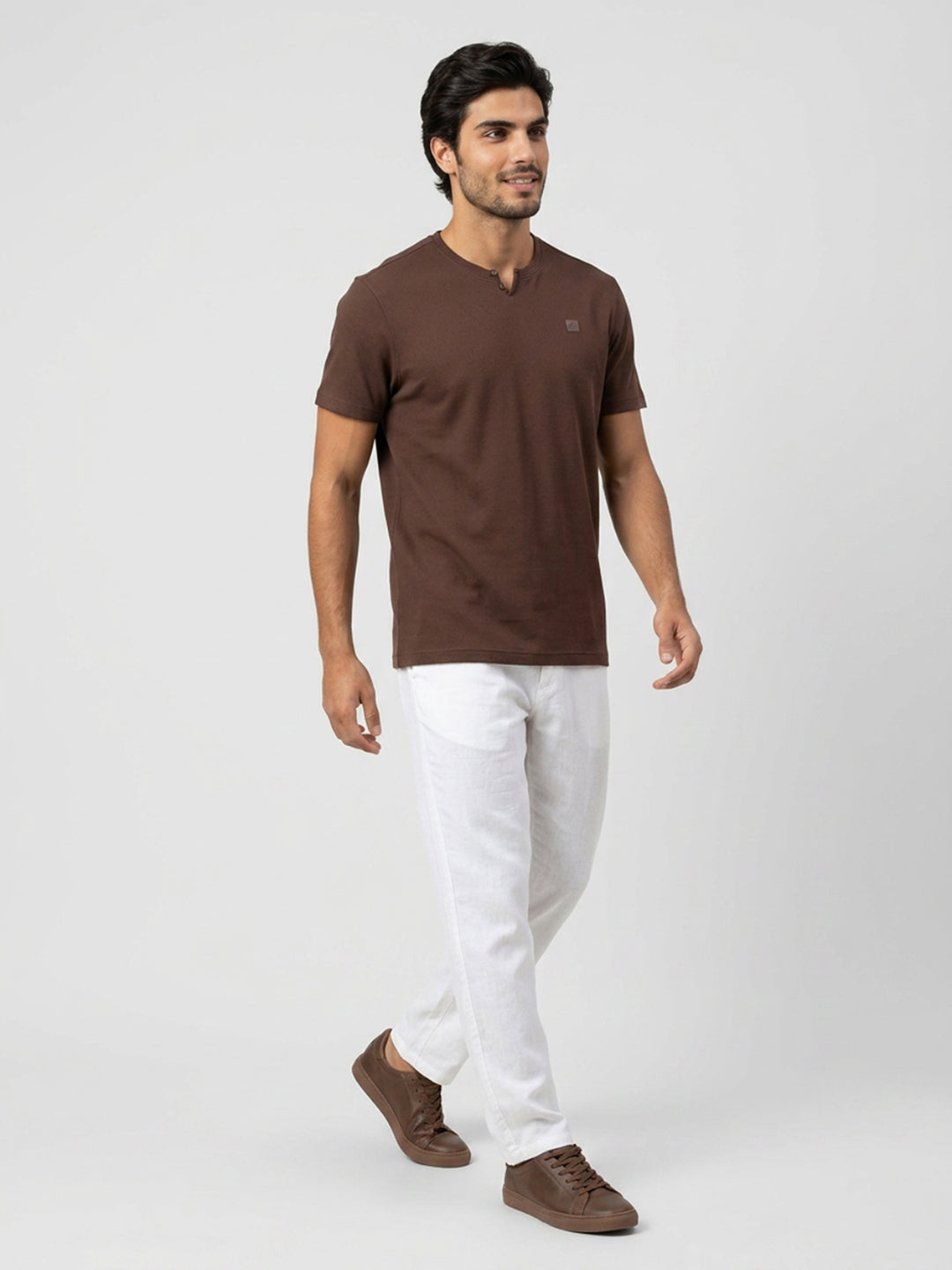 Men T-Shirt Textured Brown Regular Fit