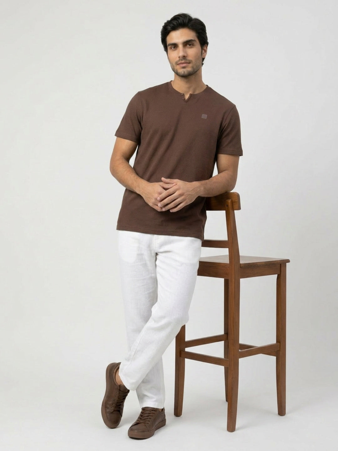 Men T-Shirt Textured Brown Regular Fit