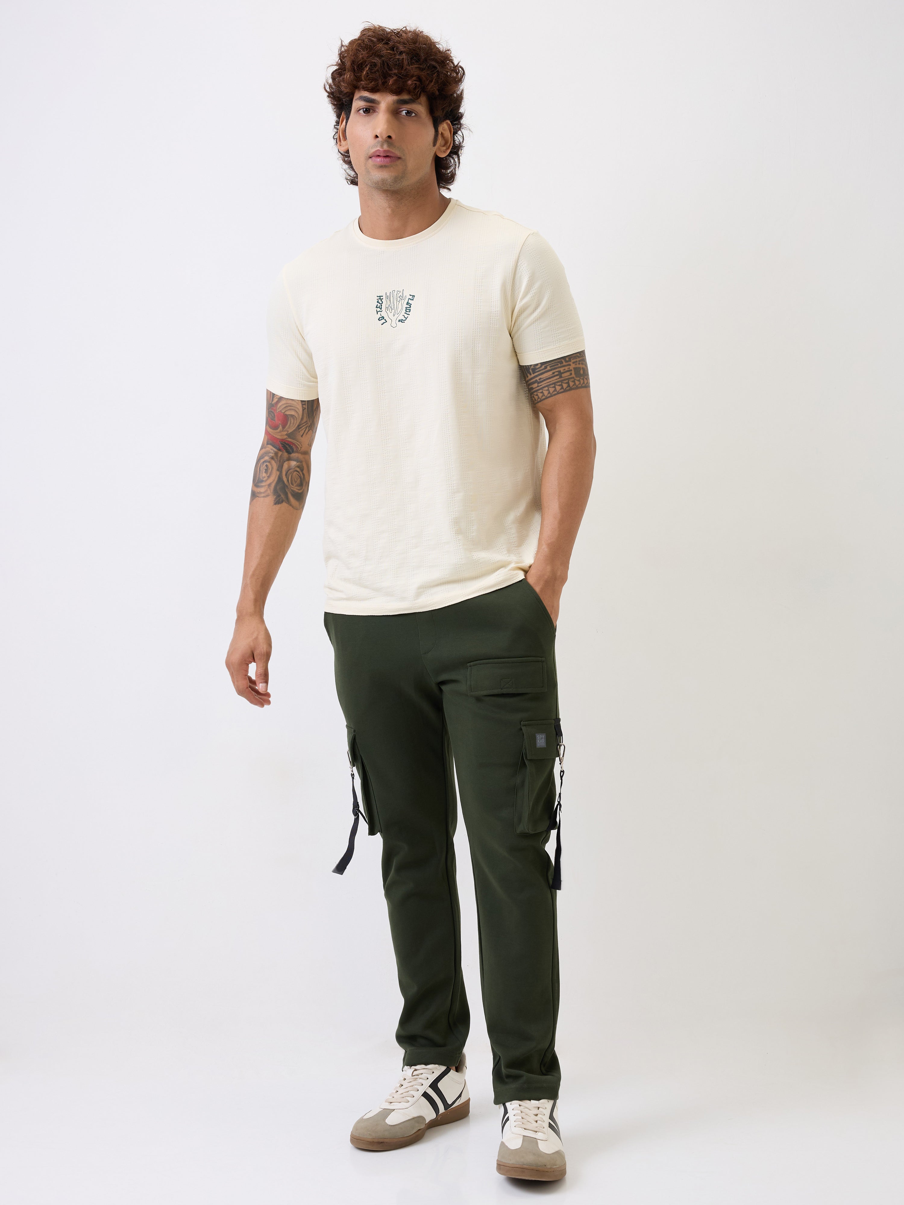Spykar Rifle Green Mid Rise Straight Fit Casual Knit Track Pants For Men