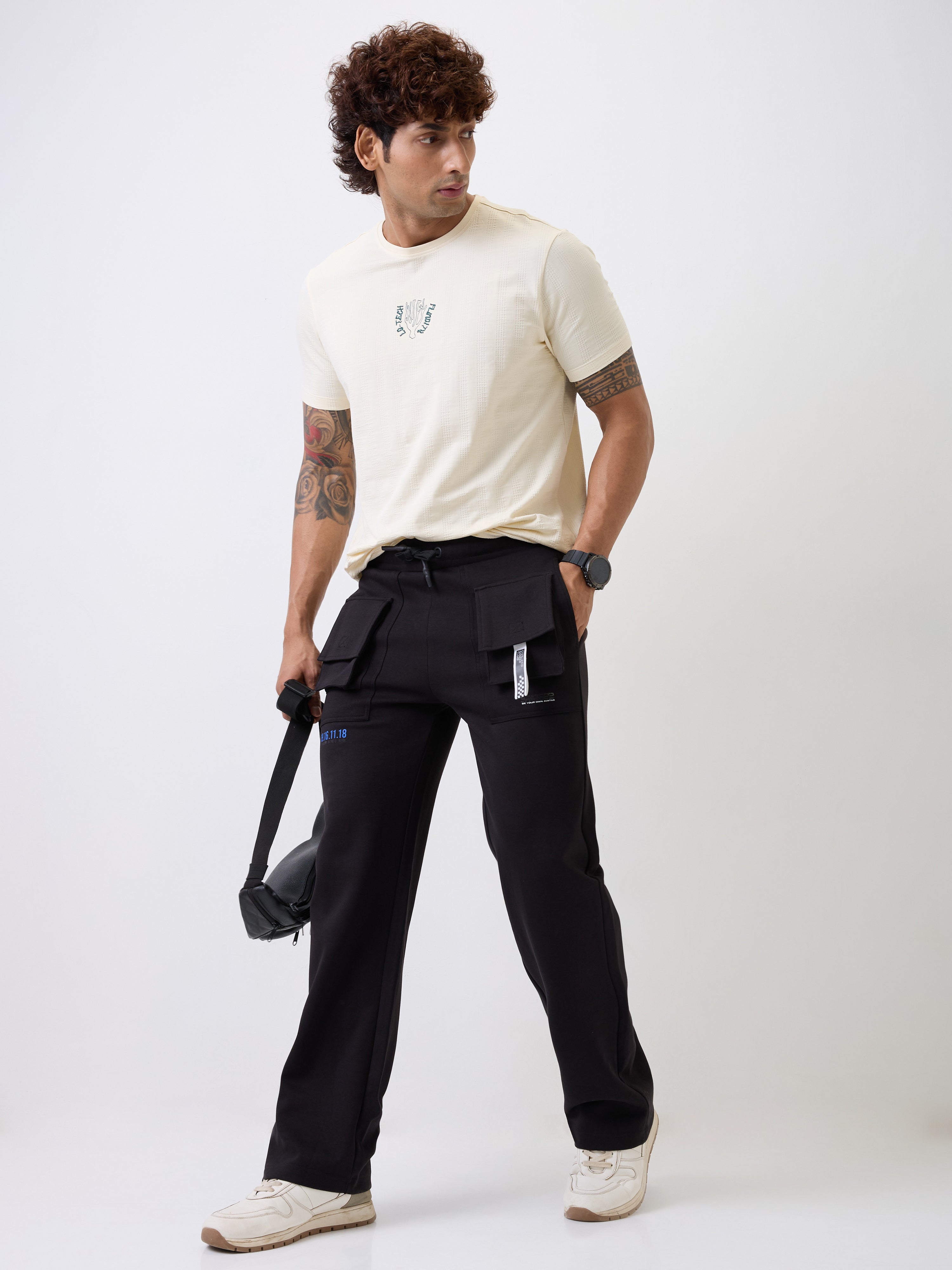 Spykar Black High Rise Straight Fit Casual Knit Track Pants For Men