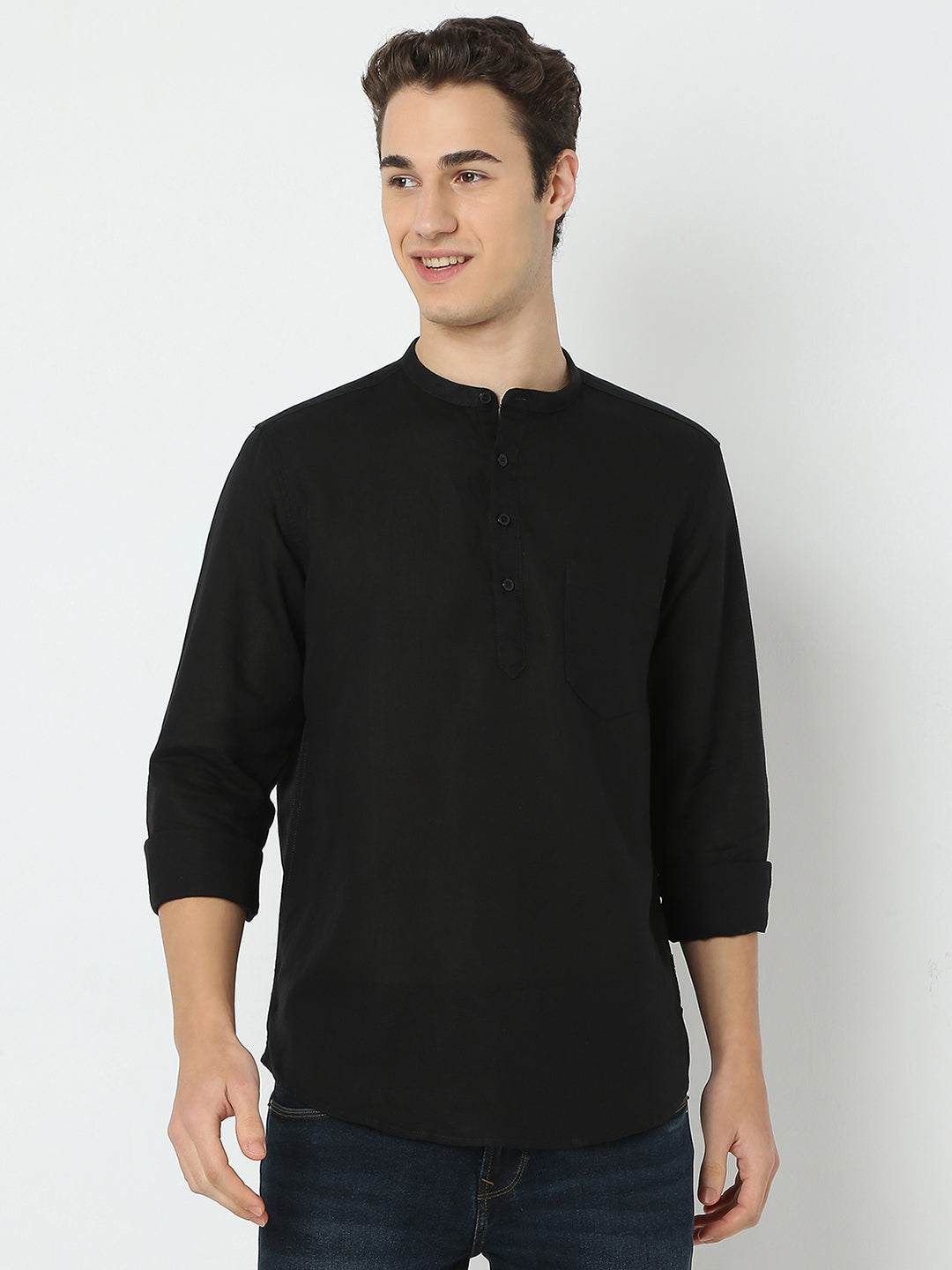 Spykar Black Linen Solid Kurta For Men