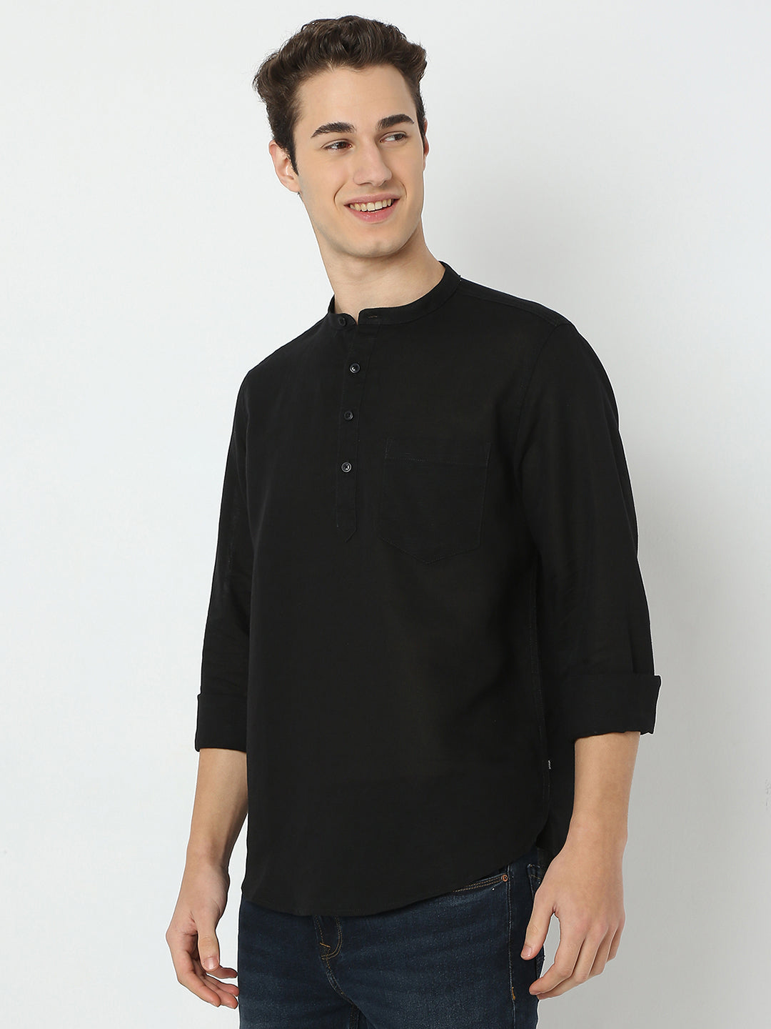 Men Black Linen Solid Kurta