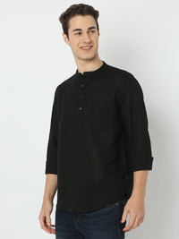 Men Black Linen Solid Kurta