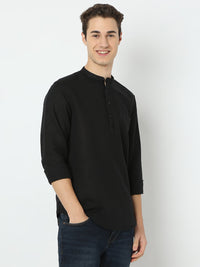 Men Black Linen Solid Kurta