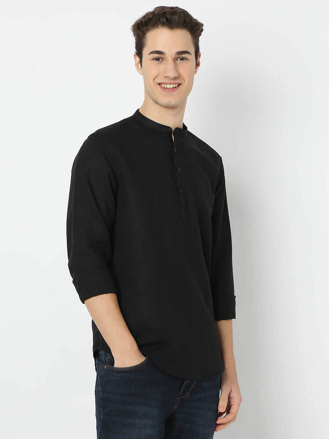 Men Black Linen Solid Kurta