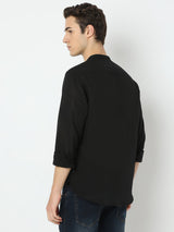 Men Black Linen Solid Kurta