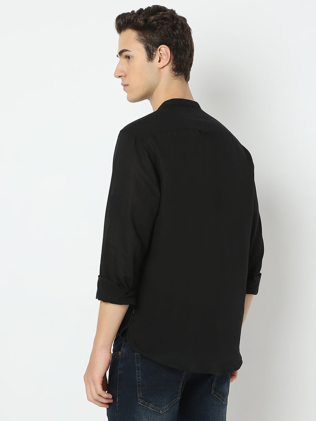 Men Black Linen Solid Kurta