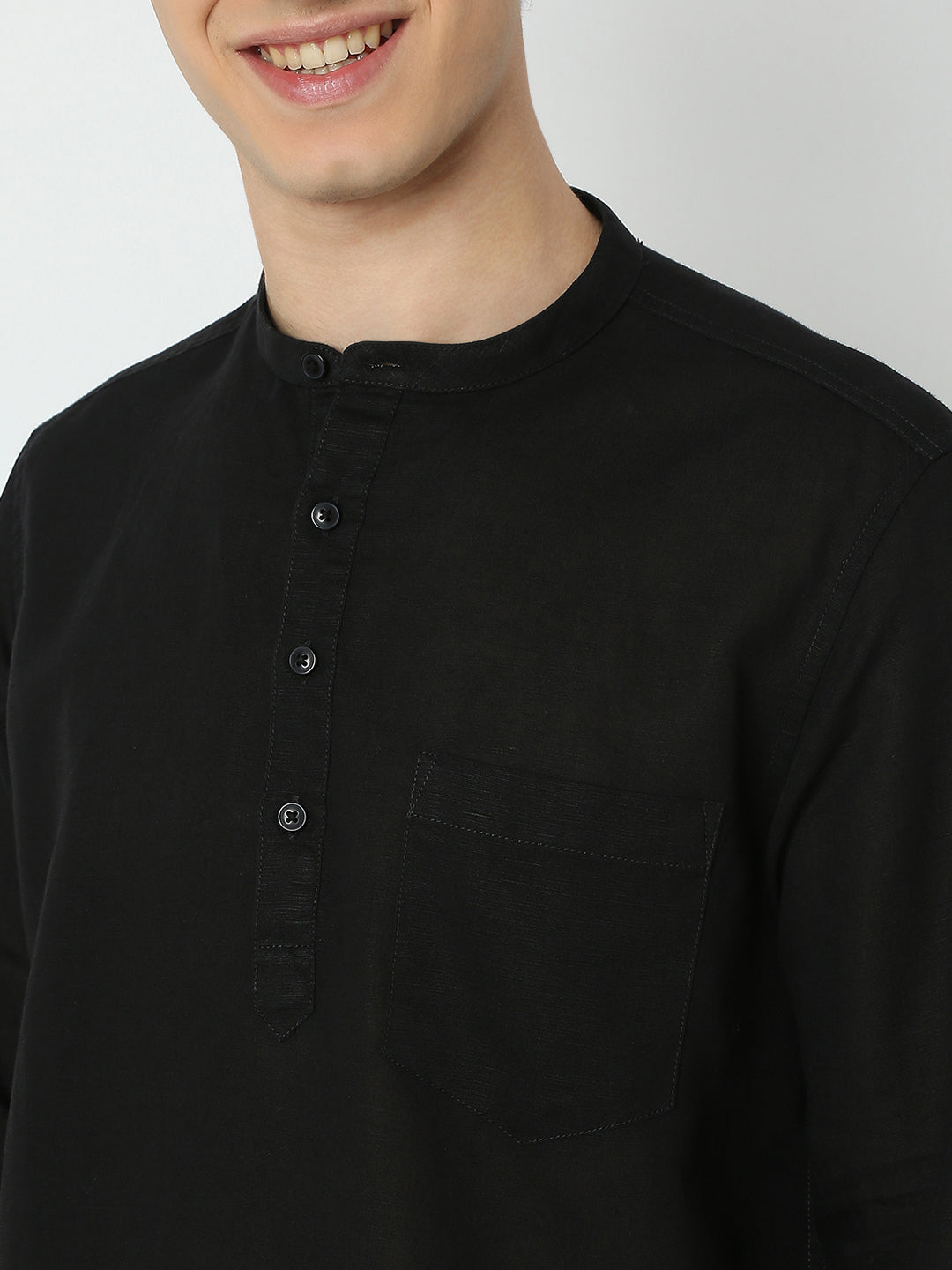 Men Black Linen Solid Kurta
