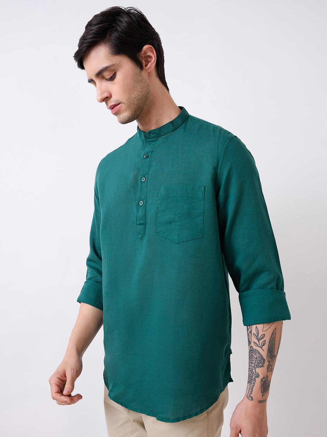Men Green Full Sleeves Slim Fit Solid Kurta