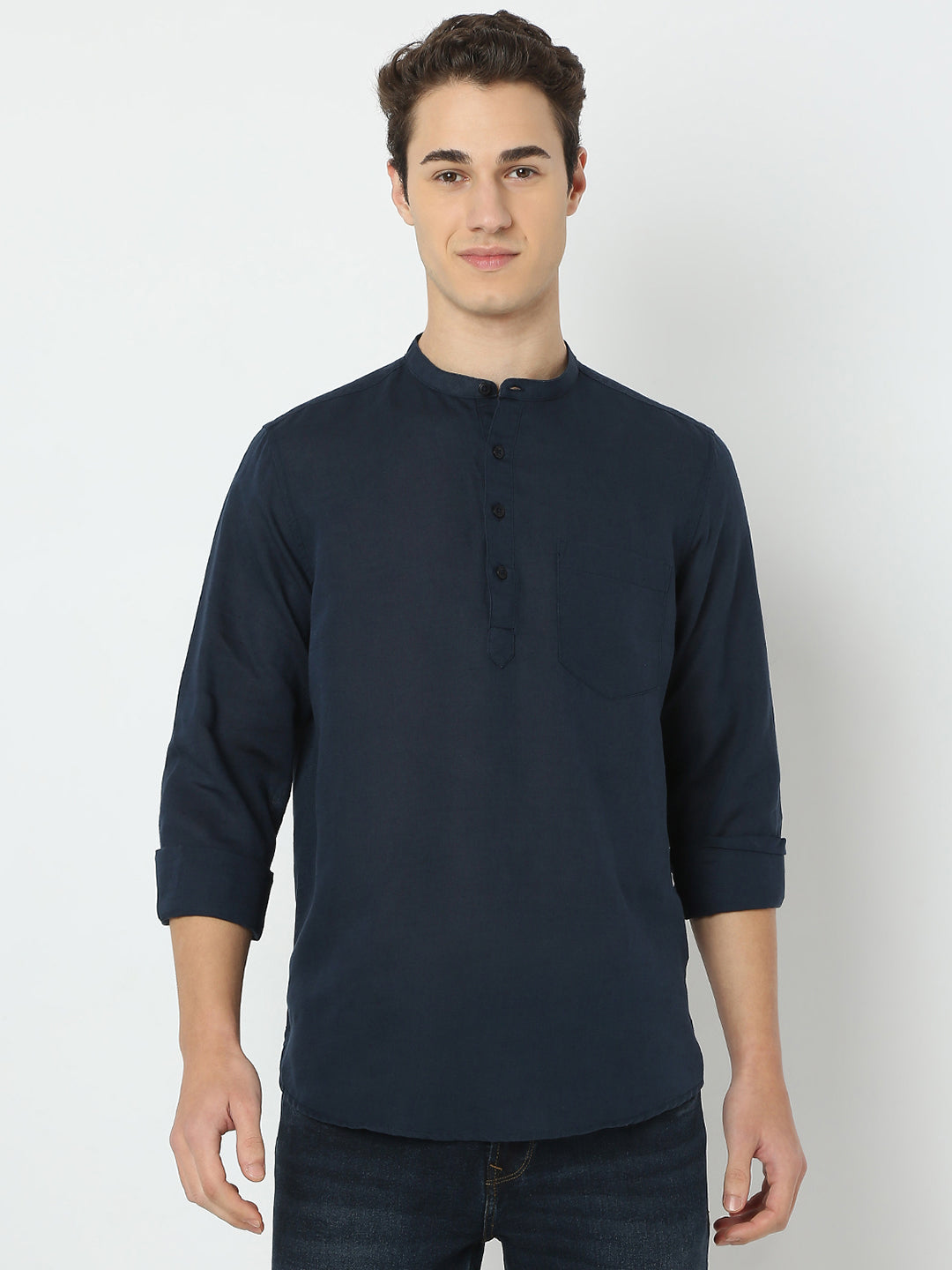 Spykar Blue Linen Solid Kurta For Men