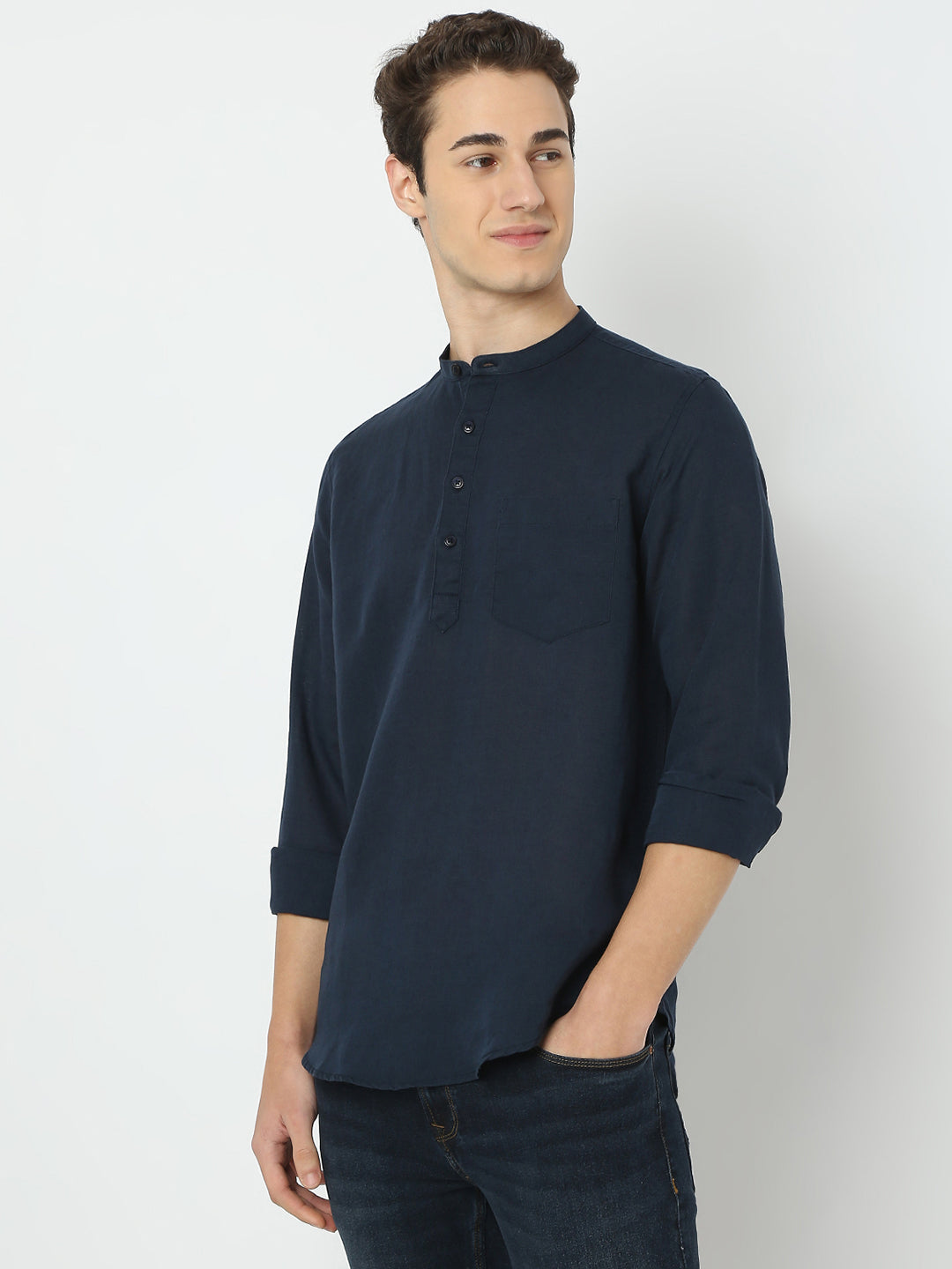 Spykar Blue Linen Solid Kurta For Men