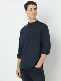Men Blue Linen Solid Kurta